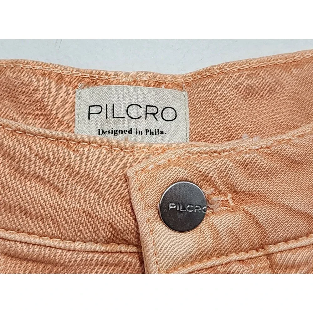 Anthropologie Pilcro Pleated Denim Mini Skirt Orange Fray Hem Button Fly Sz 10